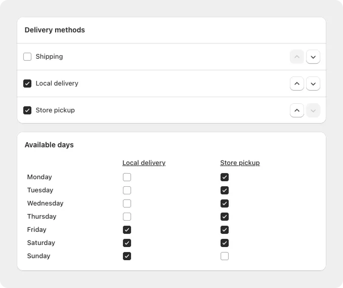 Buunto delivery methods and available days settings
