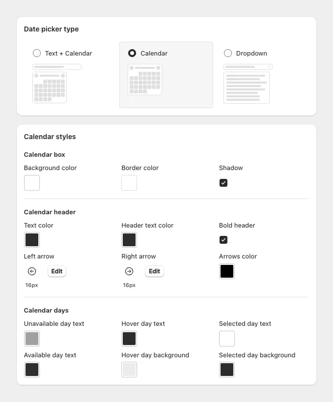 Buunto style editor showing date picker type, calendar styles, and color options